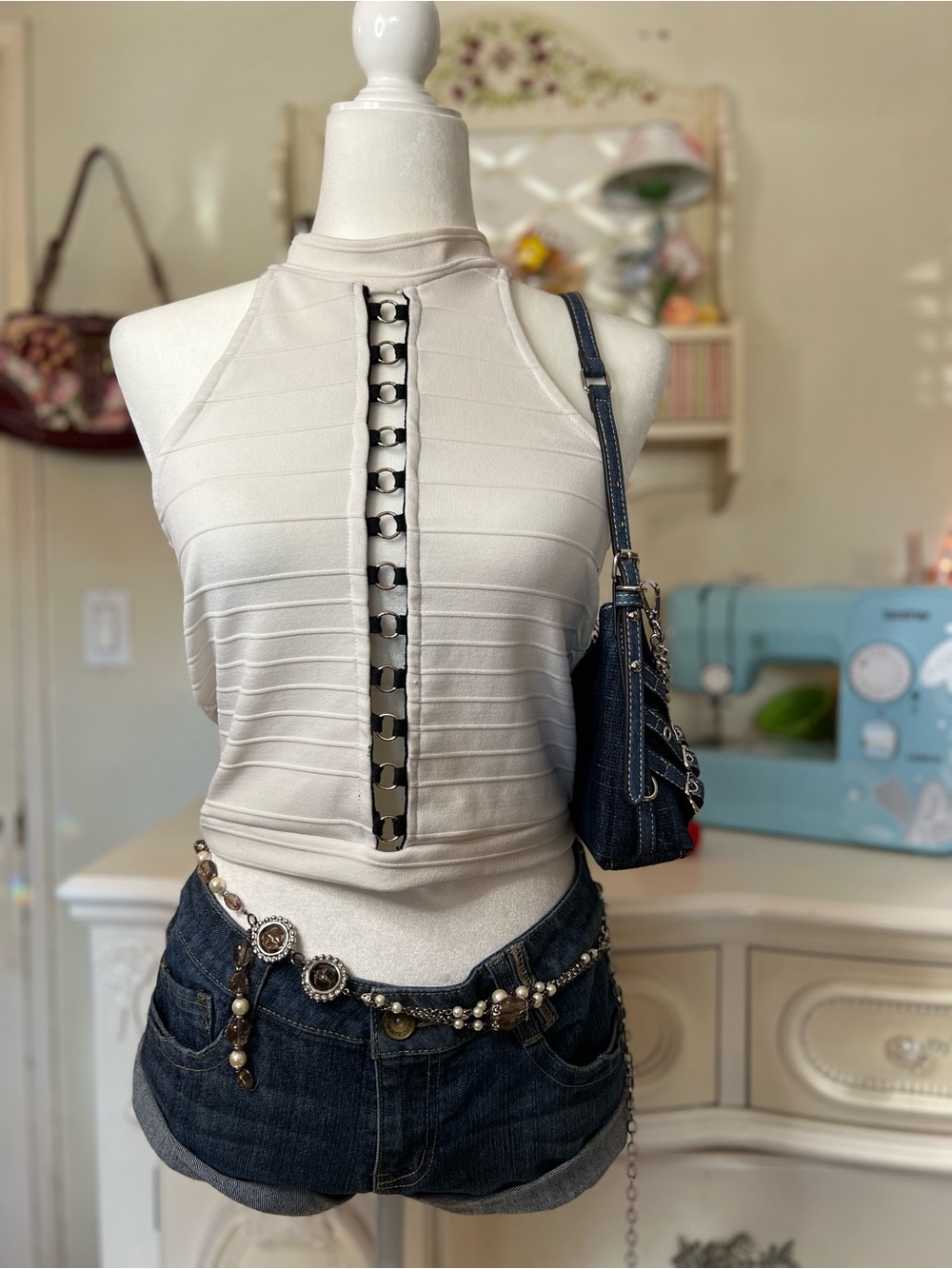 White Ribbed Halter Tank with Center Metal-Link Detail
